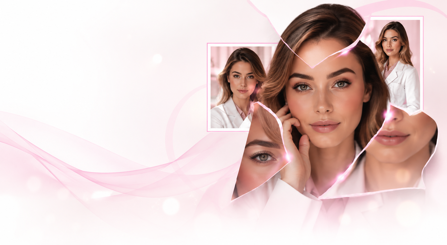 Composição rosa com retrato da paciente em destaque